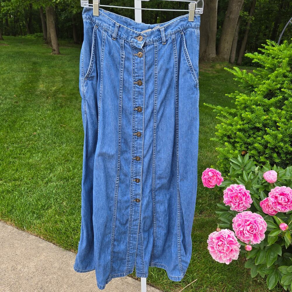 VTG Liz Claiborne Lizwear Denim Skirt Modest Blue Button Front Maxi Seams sz 10